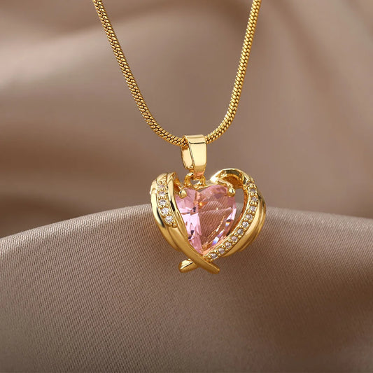 Pink Cubic Zirconia Necklace Stainless Steel Heart Wings Necklaces