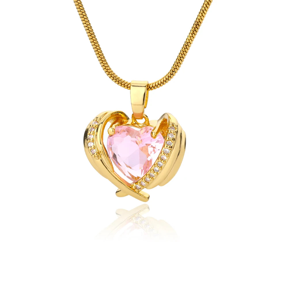 Pink Cubic Zirconia Necklace Stainless Steel Heart Wings Necklaces