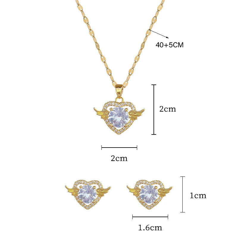 Heart Wing Zircon Flower Necklace and Earrings