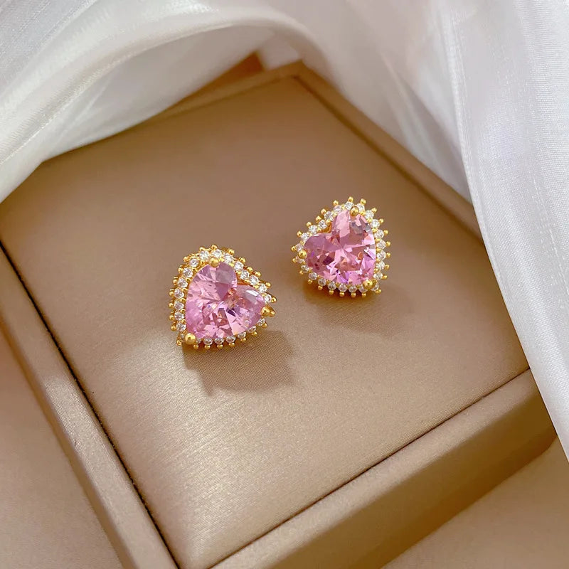 Pink Heart Crystal Pendant and Earrings