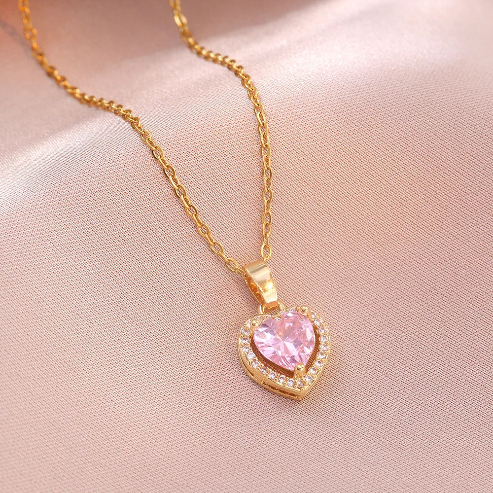 Pink Heart-shaped Zircon Necklace