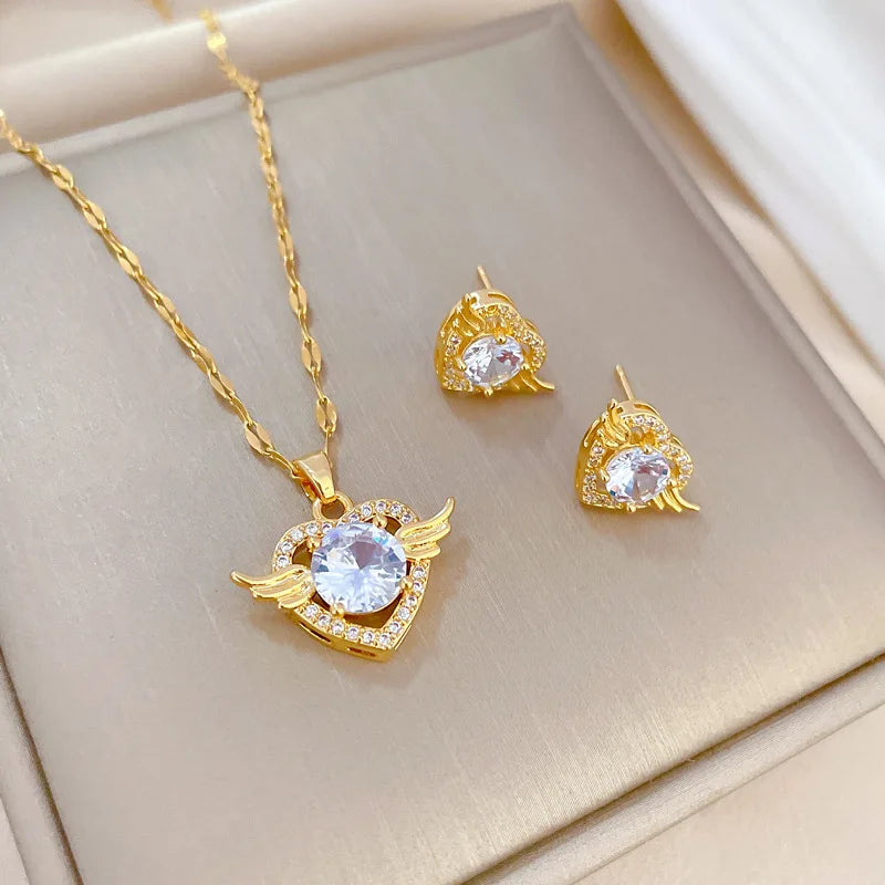 Heart Wing Zircon Flower Necklace and Earrings